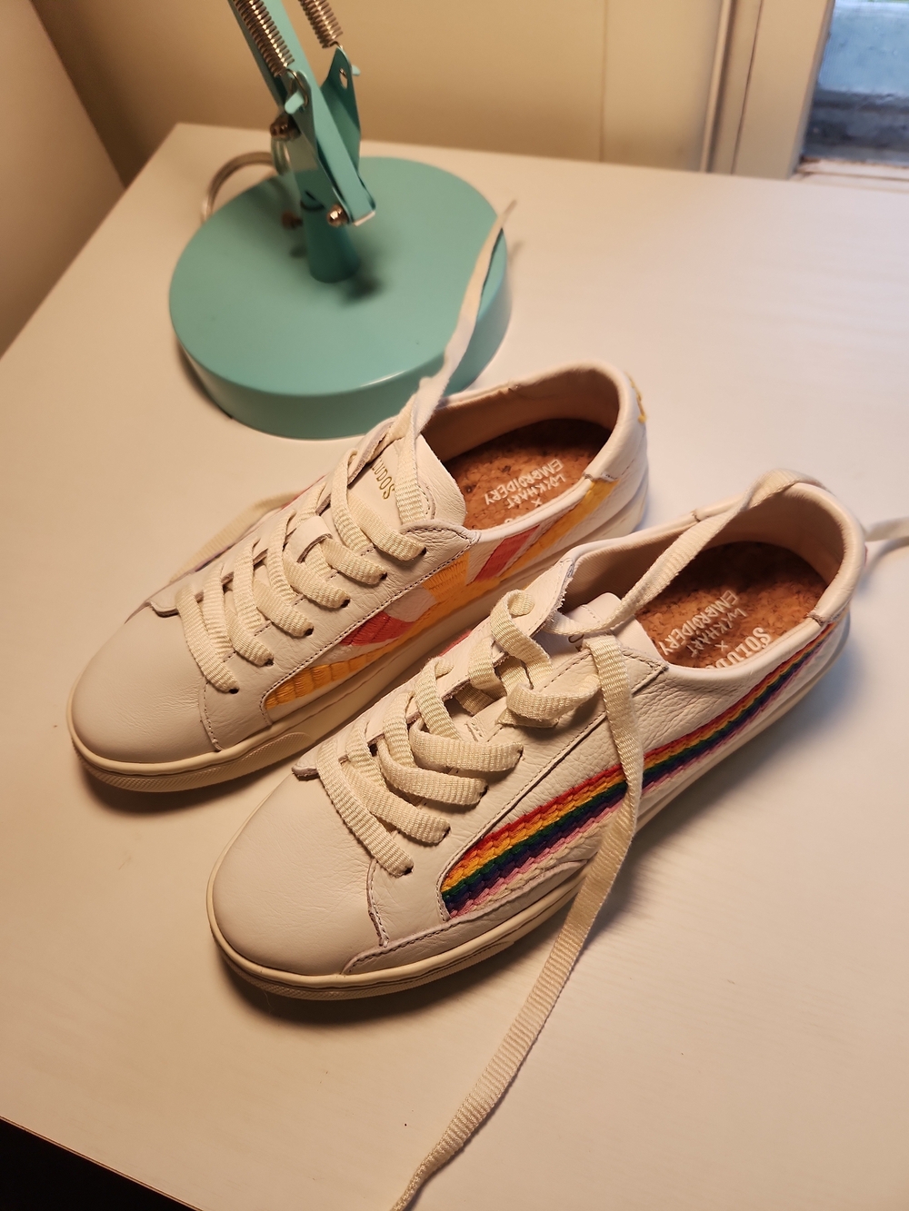 NEW SOLUDOS White Rainbow Stripe Sneakers